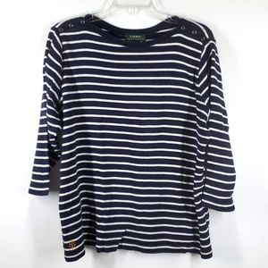 Lauren Ralph Lauren Blue White Strip Knit Boatneck Knit Top 1X EUC